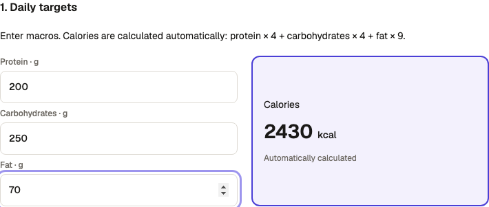 Enter protein, carbohydrates and fat — calories are calculated automatically.
